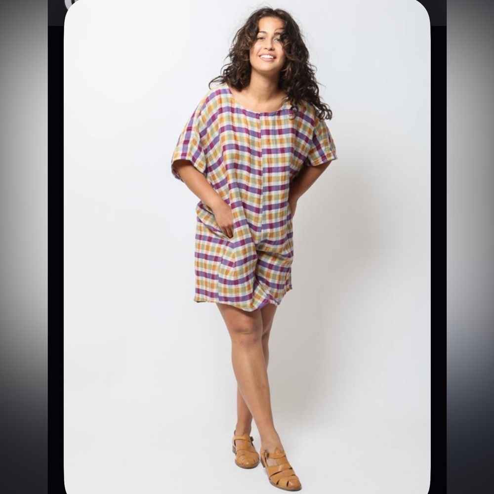 Gravel and Gold Rancho‎ Romper Spring Plaid Multicolor linen cotton